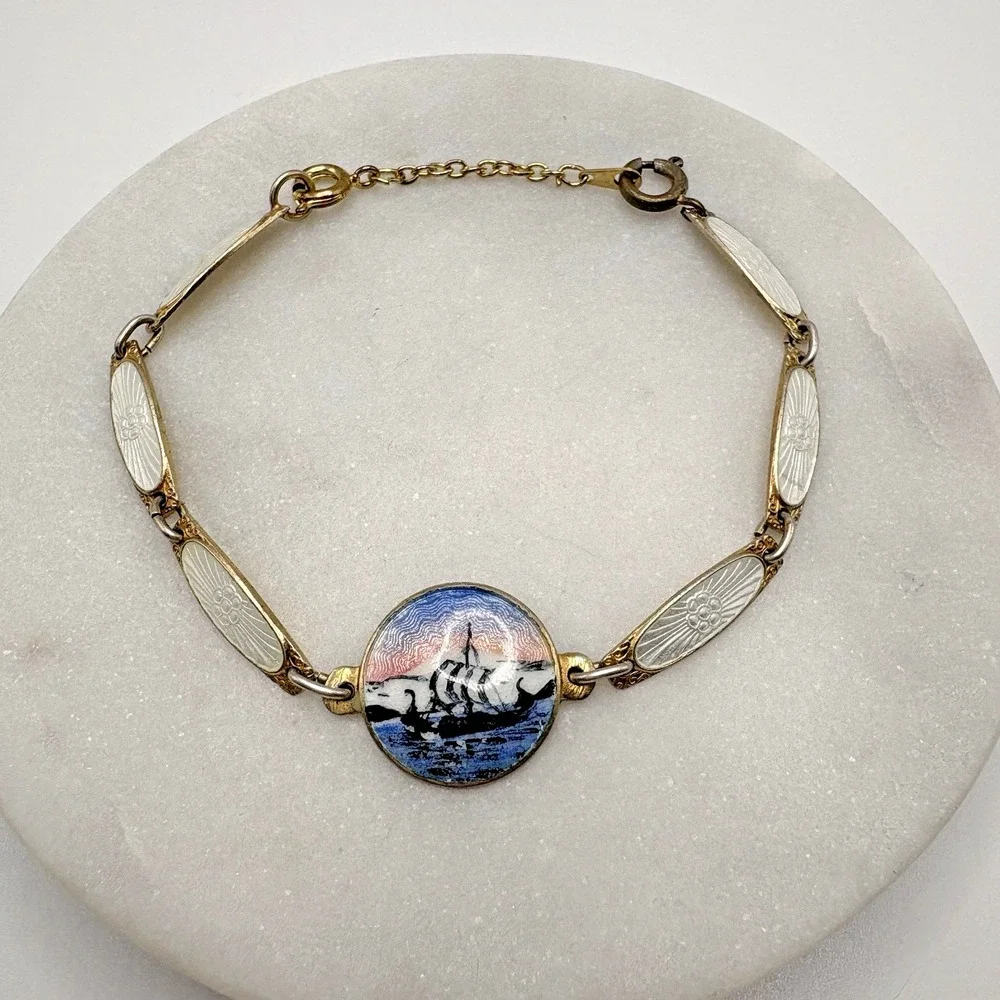 Vintage Sterling Silver Guilloche Enamel Bracelet Viking Ship Scandanavian READ